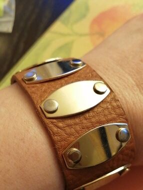 Brown Leather Bracelet with Gold Tone Metal Accents